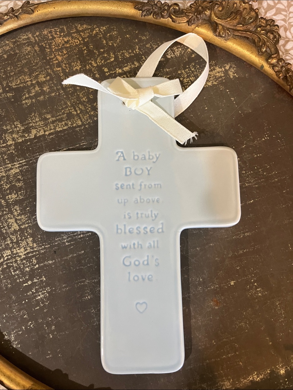 Hallmark Light Blue Ceramic Cross Wall Decor with Ribbon